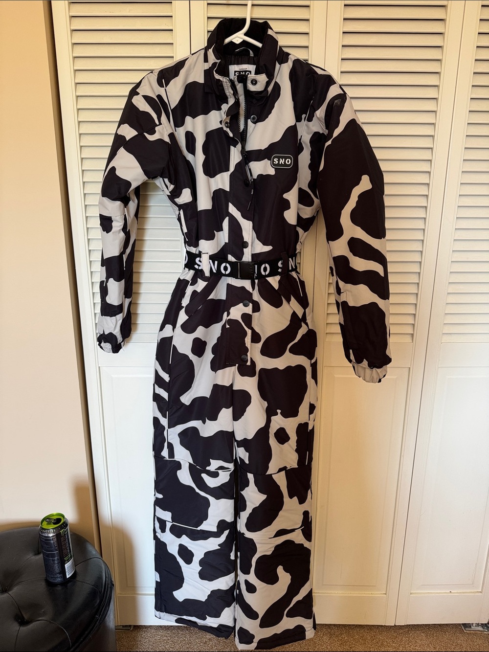 SNO Black & White Cow-Print Ski Jumpsuit